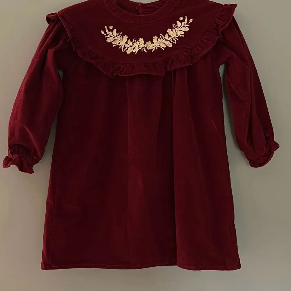 Christmas Corduroy Ruffled Dress with Gold Embroidery Lined 130 Sz 6-7 Girls